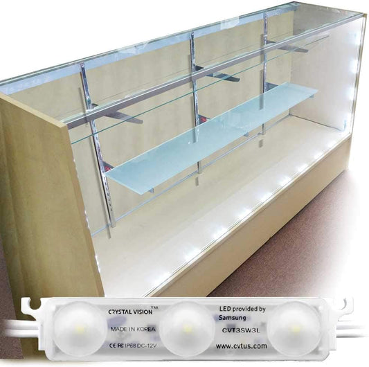 Product display featuring a Crystal Vision LED lighting strip with three lights installed under the shelves of a showcase, labeled _LED provided by Samsung_, _Made in Korea_, with the website