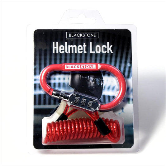 Black Stone Helmet Lock packaging, featuring a red U-shaped lock with combination padlock and coiled cable, set against a blurred background