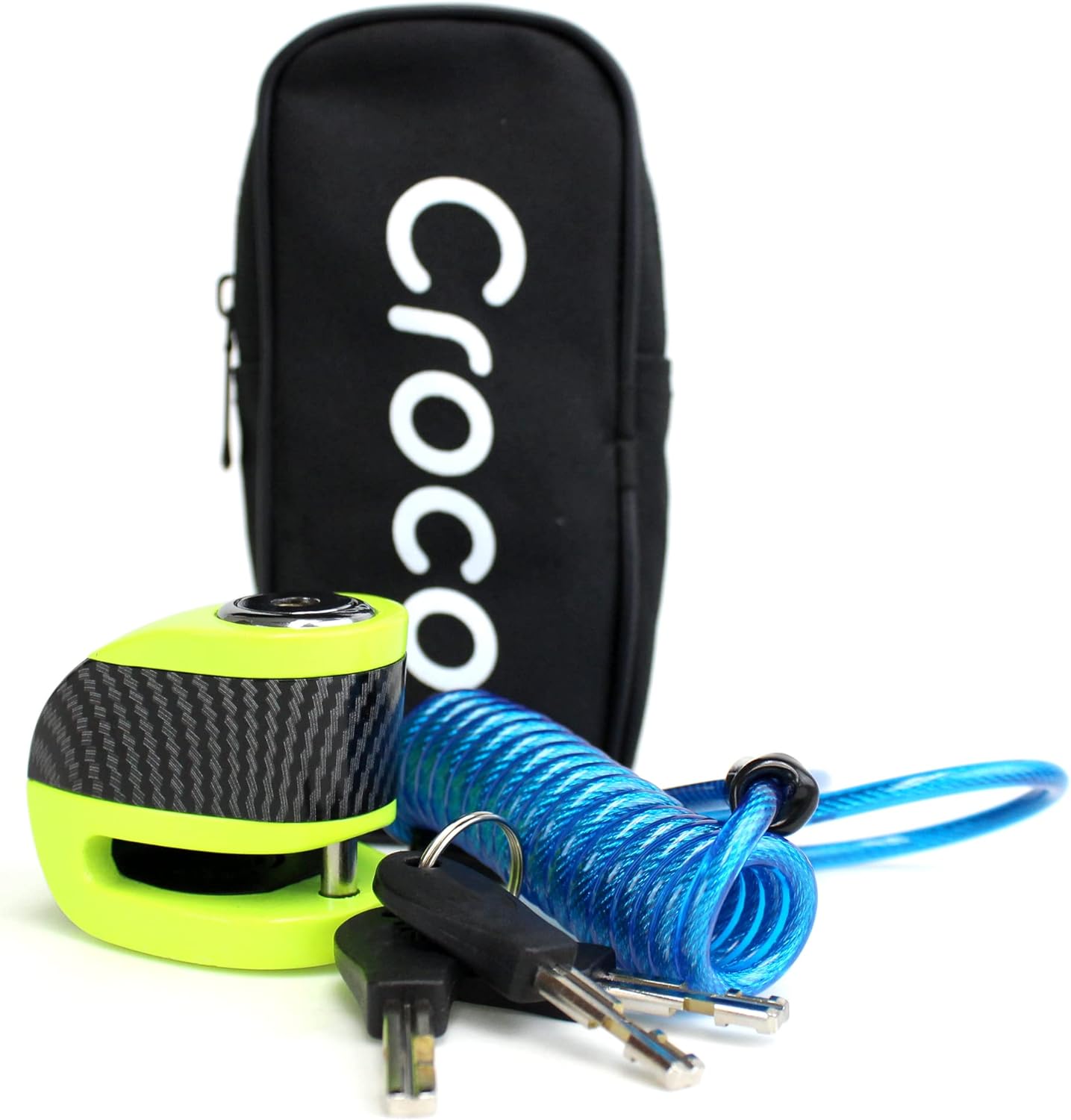 This image showcases a security product setup that includes a vibrant green and black alarm lock, a coiled blue security cable, and a black carrying pouch marked with the brand "Croco". The color contrast between the bright green lock, the blue cable, and the black pouch makes the items stand out, indicating a strong visual marketing strategy to make the security features of the product appealing to potential buyers