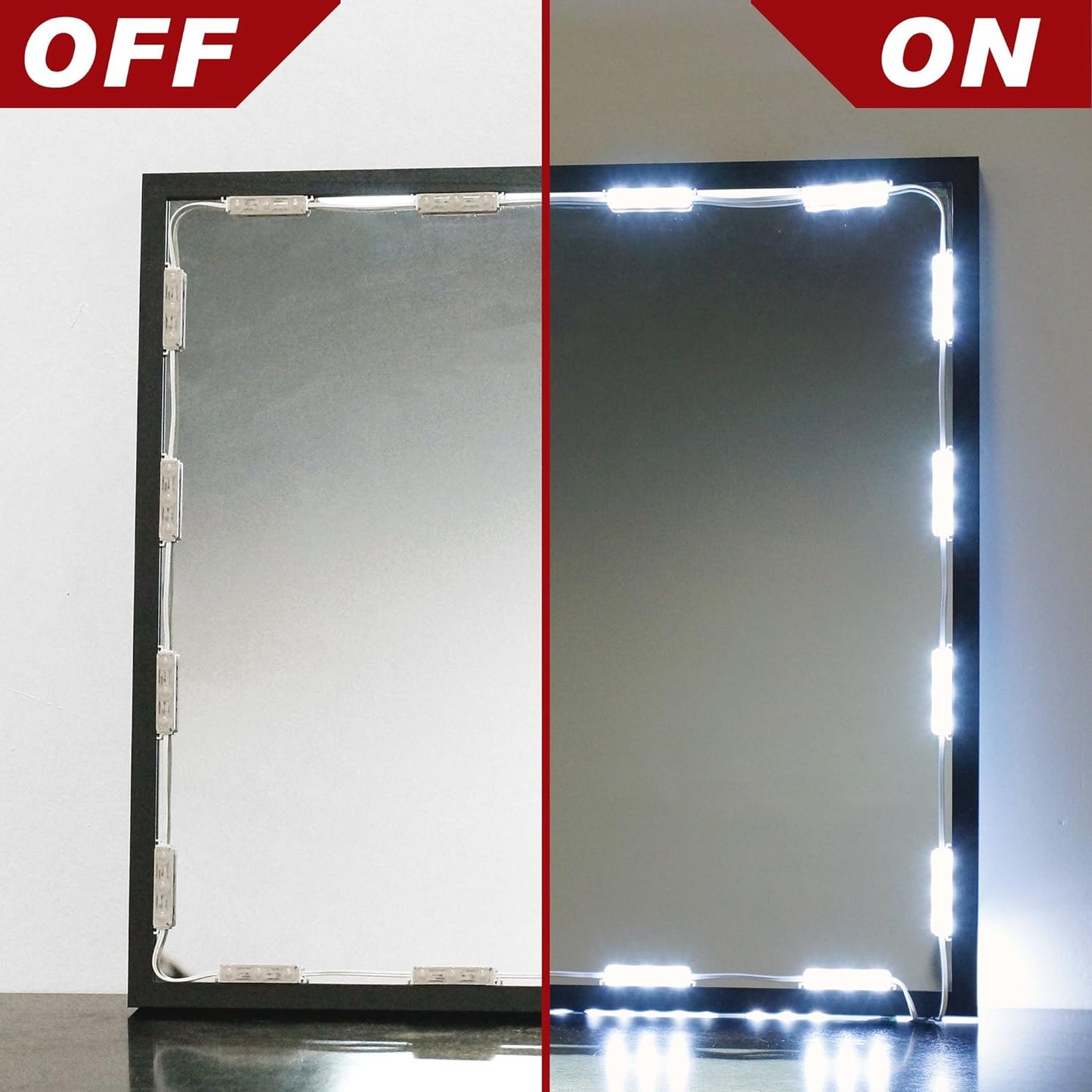 The image displays a before and after effect of a LED light kit installed on a mirror, with the left side showing the lights turned off and the right side showing them turned on. The LED modules, when lit, provide a bright, clear light that enhances the mirror's visibility. This demonstrates the effective illumination capability of the LED kit.