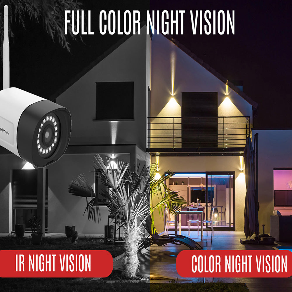 Advertisement comparing FULL COLOR NIGHT VISION with a side-by-side display of IR NIGHT VISION and COLOR NIGHT VISION from crystal vision floodlight security camera at a modern house