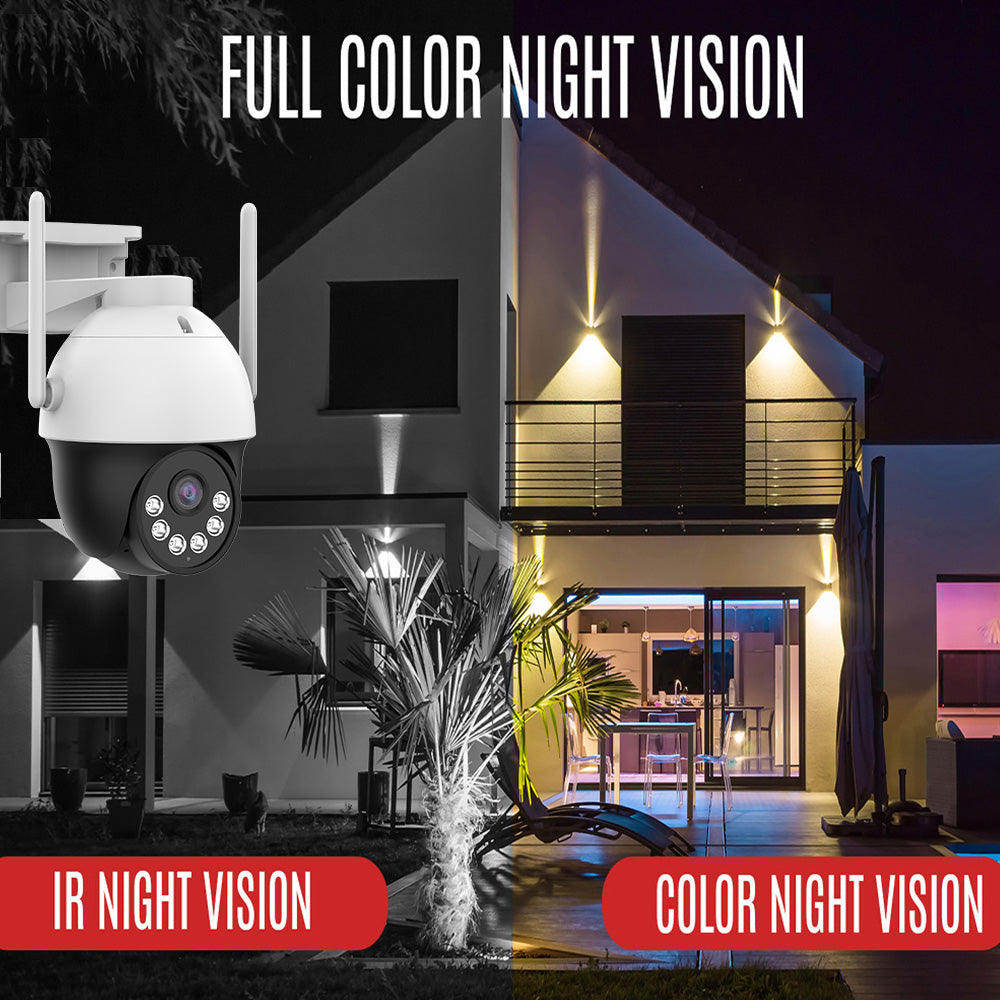 Advertisement comparing FULL COLOR NIGHT VISION with a side-by-side display of IR NIGHT VISION and COLOR NIGHT VISION from crystal vision pantilt security camera at a modern house
