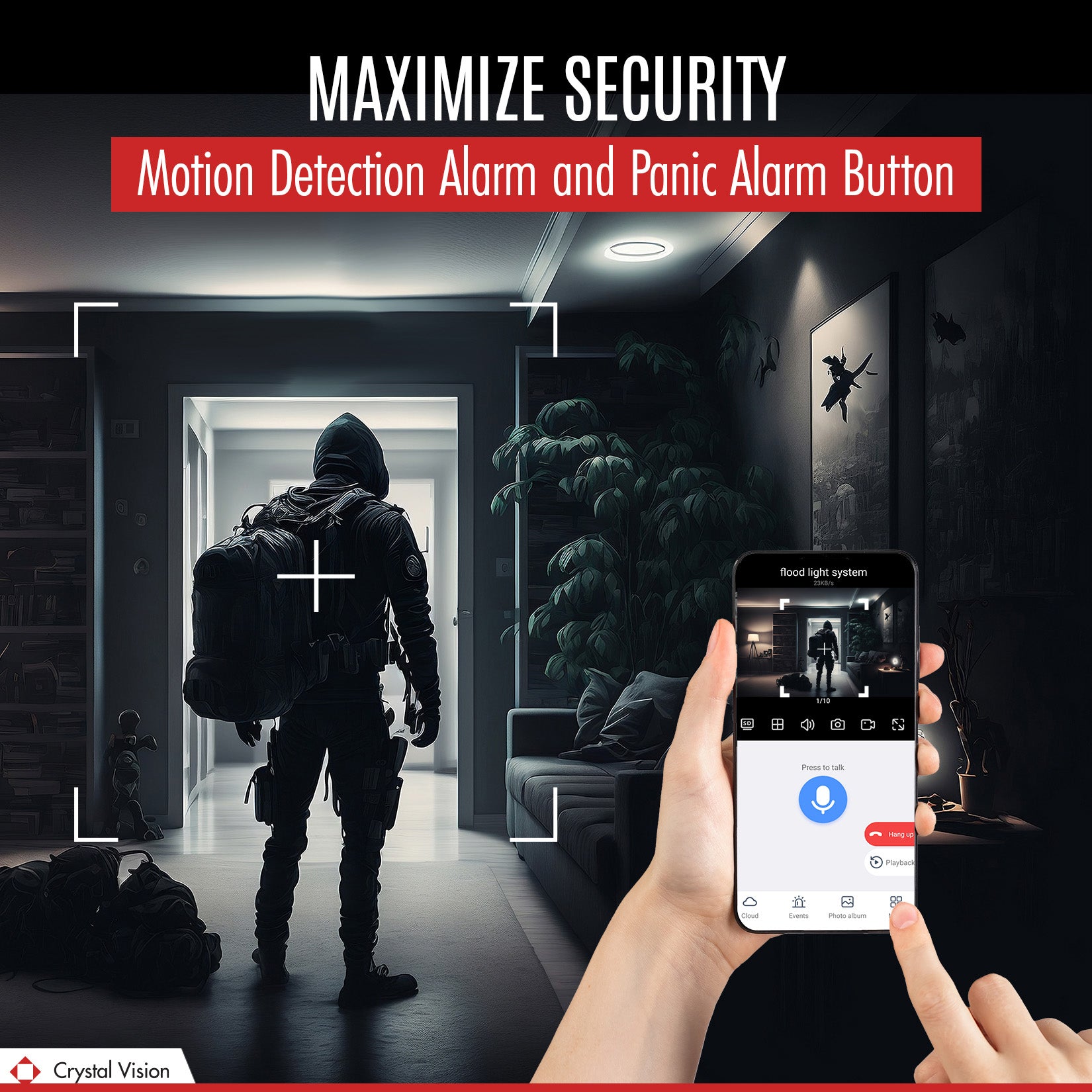 Promotional image for Crystal Vision highlighting _MAXIMIZE SECURITY_ with features like Motion Detection Alarm and Panic Alarm Button, depicting a person monitoring a burglar on eseecloud app