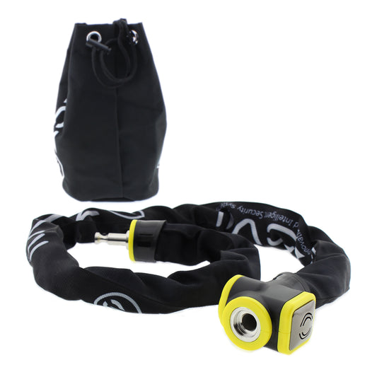 This image features the Blackstone alarm chain lock alongside a black carrying pouch, both placed against a white background for a clean presentation. The chain lock is covered with a black sleeve emblazoned with the Blackstone logo in white, and the lock mechanism itself is colored in bright yellow and black, likely for high visibility. The carrying pouch appears durable, with a drawstring closure, providing a convenient means to transport the chain lock when not in use. 
