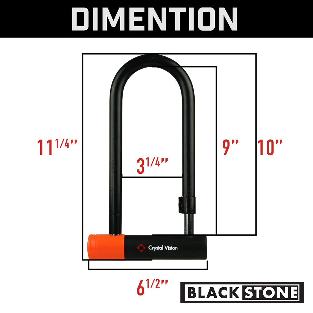 Black Stone bike lock with dimensions highlighted. A large U-shaped lock with an orange bottom marked with 'Crystal Vision.' Dimensions provided are 11 1/4" height, 3 1/4" width, 9" - 10" length, and a shackle thickness of 6 1/2".