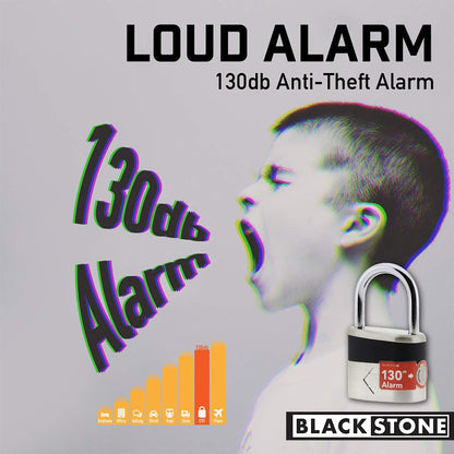 Advertisement graphic for Black Stone featuring a loud 130db Anti-Theft Alarm. A young boy is yelling with '130db Alarm' text mirrored beside him. Below are orange bar graphics representing noise levels across different environments, indicating the alarm's loudness