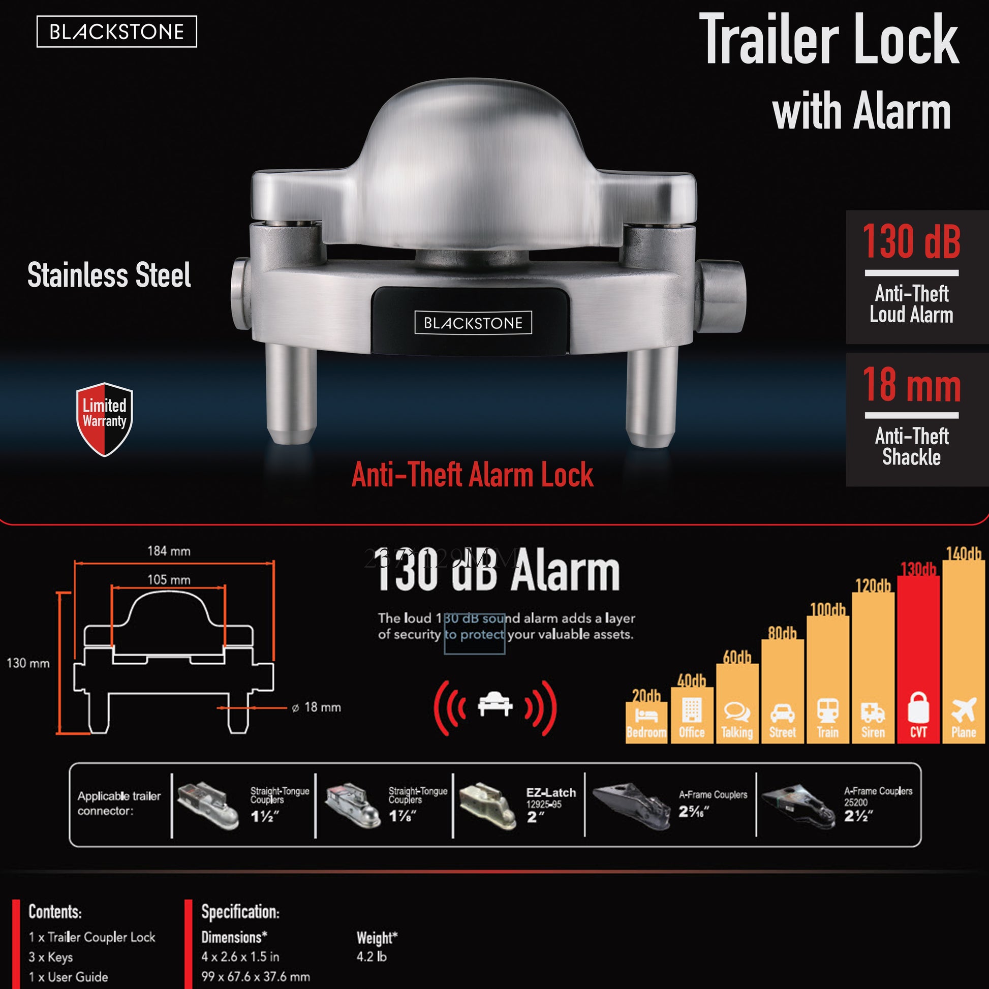 Informative promotional graphic for Black Stone Trailer Lock with Alarm. Central focus on the stainless steel lock with '130 dB' and '18 mm Anti-Theft Shackle' emphasized. Features include an anti-theft alarm lock, limited warranty, and compatibility with various trailer connectors. The graphic also provides a sound level comparison chart, lock dimensions, and a silhouette showing where to place the lock on a trailer connector