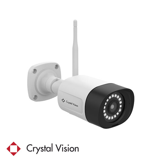 A white Crystal Vision wireless camera featuring a two-way intercom, panic siren, long antenna, mounted on a gray base with 18 LED floodlight for enhanced brightness, visibility