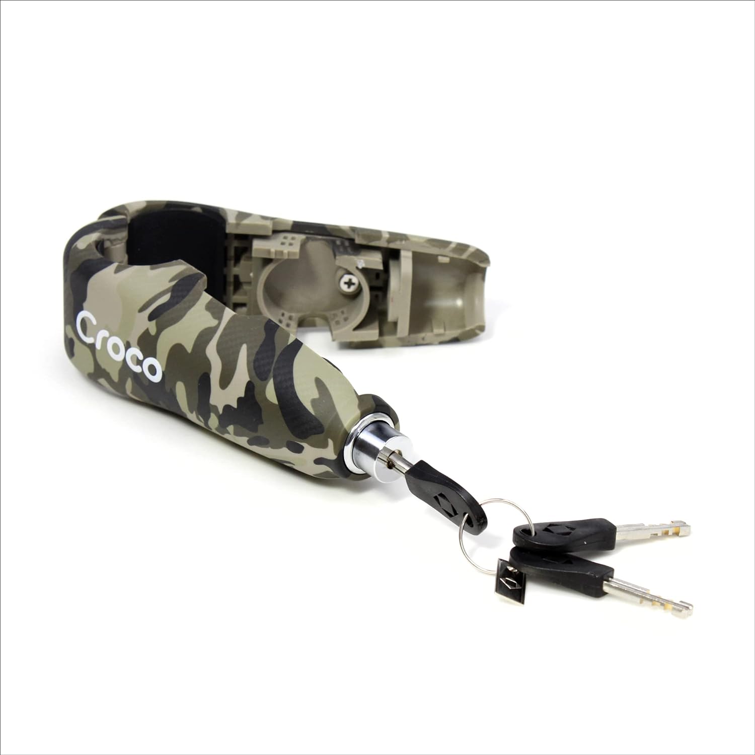 The image presents a Camo green Croco bike lock with an inserted key, partially revealing its internal mechanism. The lock is textured to resemble carbon fiber, and the Croco branding is prominently displayed. It seems to be a bar lock, commonly used for bicycles, which implies a lightweight yet secure design. The photo emphasizes the lock's use-case scenario and gives a good impression of how it operates with the key in place