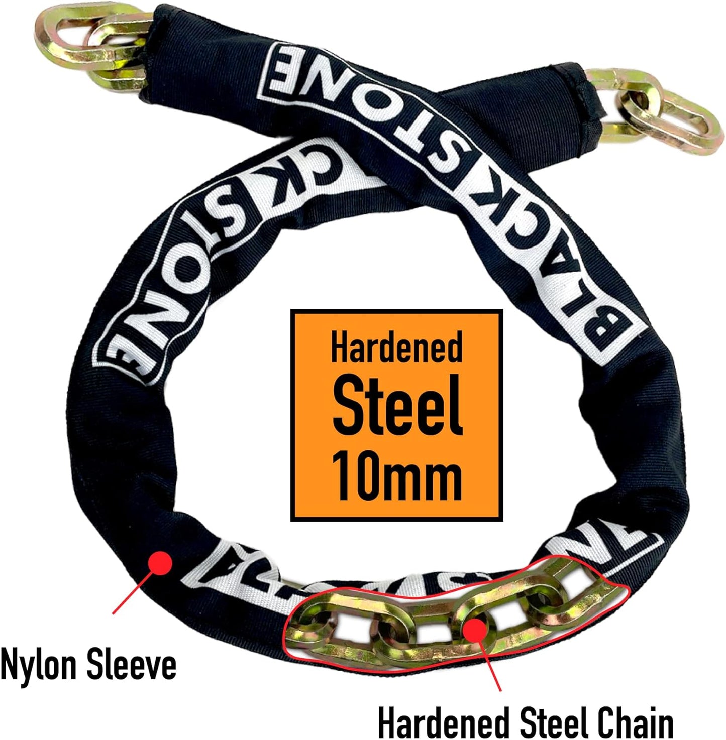 A security chain from Black Stone featuring a 10mm hardened steel chain with a protective black nylon sleeve, detailed with the brand name in contrasting white font. Ideal for securing bikes or property, providing strong theft resistance