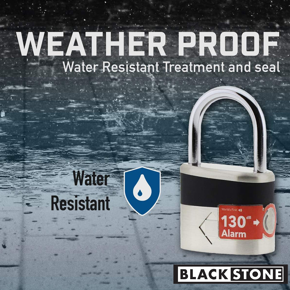 ALT tag: "Water-resistant stainless steel padlock with alarm from Black Stone, showcasing its weatherproof capabilities. The image features a water droplet icon indicating water resistance, with the lock set against a background of falling rain