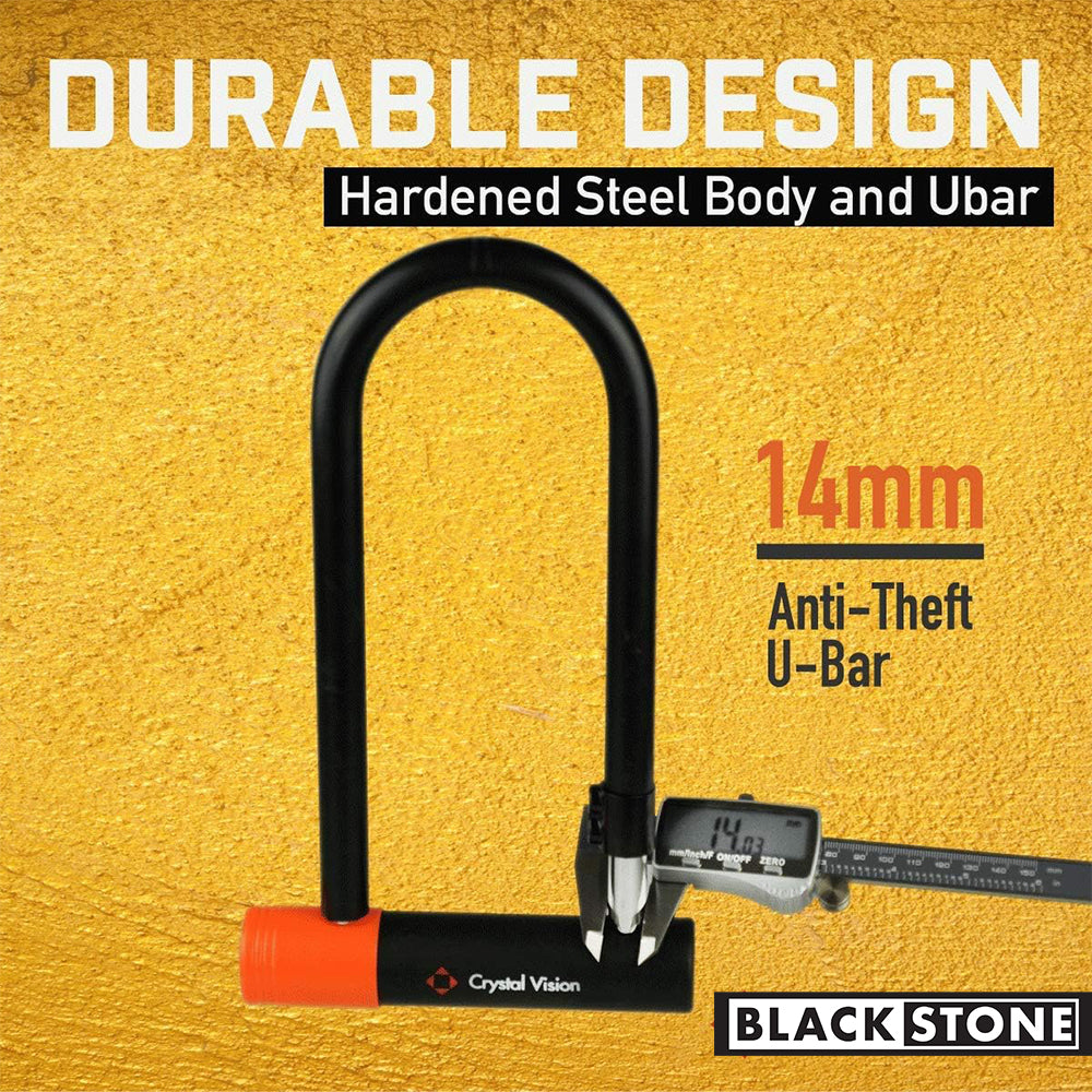 Durable Design Black Stone bike lock displayed against a yellow background. Features a hardened steel body and U-bar, with a thickness of 14mm, branded as anti-theft