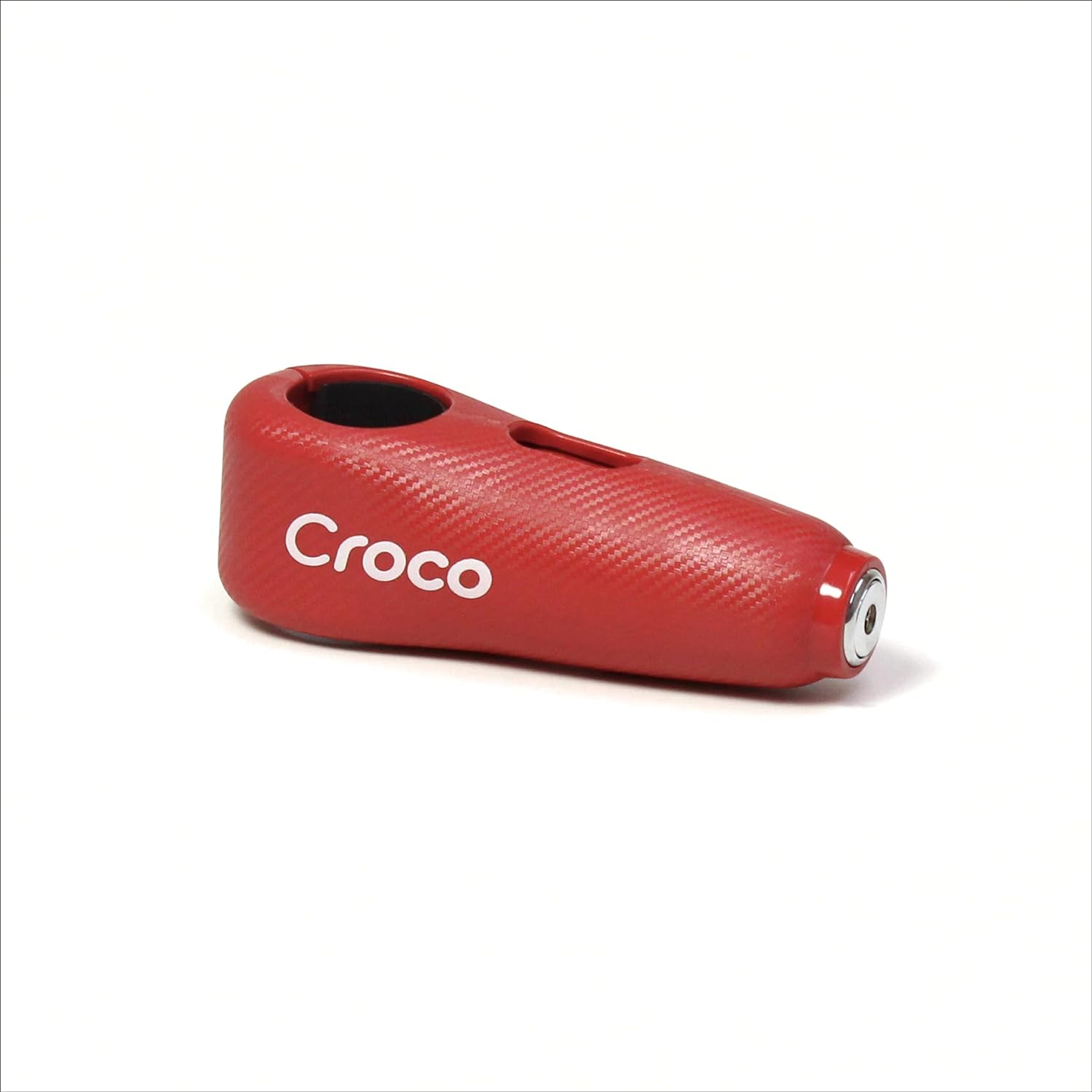 The image shows a close-up view of a red Croco lock with a carbon fiber-like texture on its surface. The lock appears robust and is branded with the Croco logo in white letters, suggesting a focus on strong visual branding. The keyhole is at one end of the lock, hinting at a high-security cylinder mechanism. The design is sleek and modern, and the overall impression is that of a sturdy, reliable lock for securing valuable items