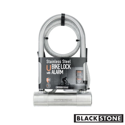 (2024 New Release) BLACKSTONE Stainless Steel U Bike Lock - Secure 130dB Alarm System, 14mm Reinforced Shackle - Ideal for Urban Cyclists & E - Bikes w/Double - Looped Steel Cable - variant_title - Bike Lock