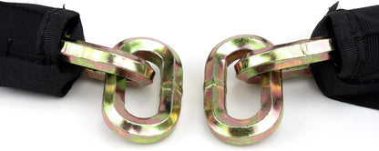 Close-up of a chain link section with a protective black fabric sleeve, showcasing the heavy-duty metal with a multicolored finish, accompanied by the Black Stone brand logo on a white background