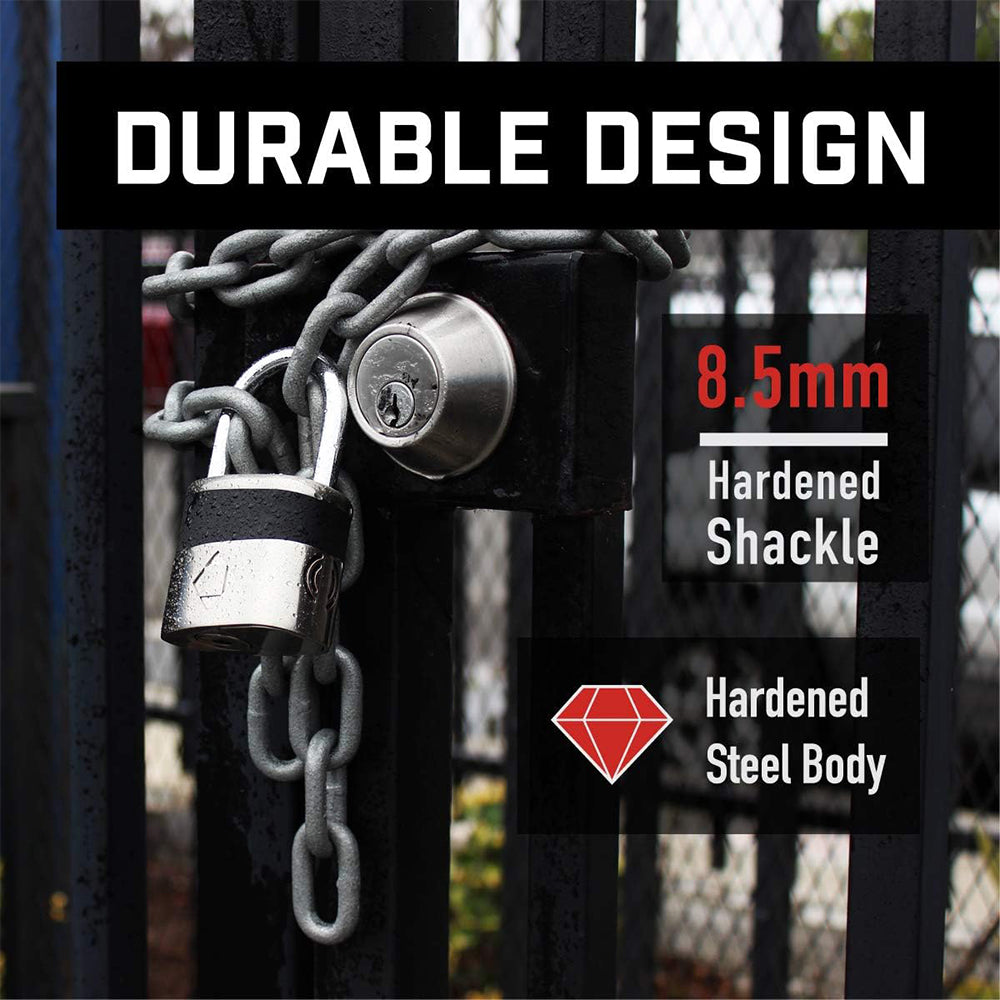 Heavy-duty padlock with an 8.5mm hardened shackle and hardened steel body by Black Stone, attached to a chain and securing a gate, emphasizing the durable design of the lock