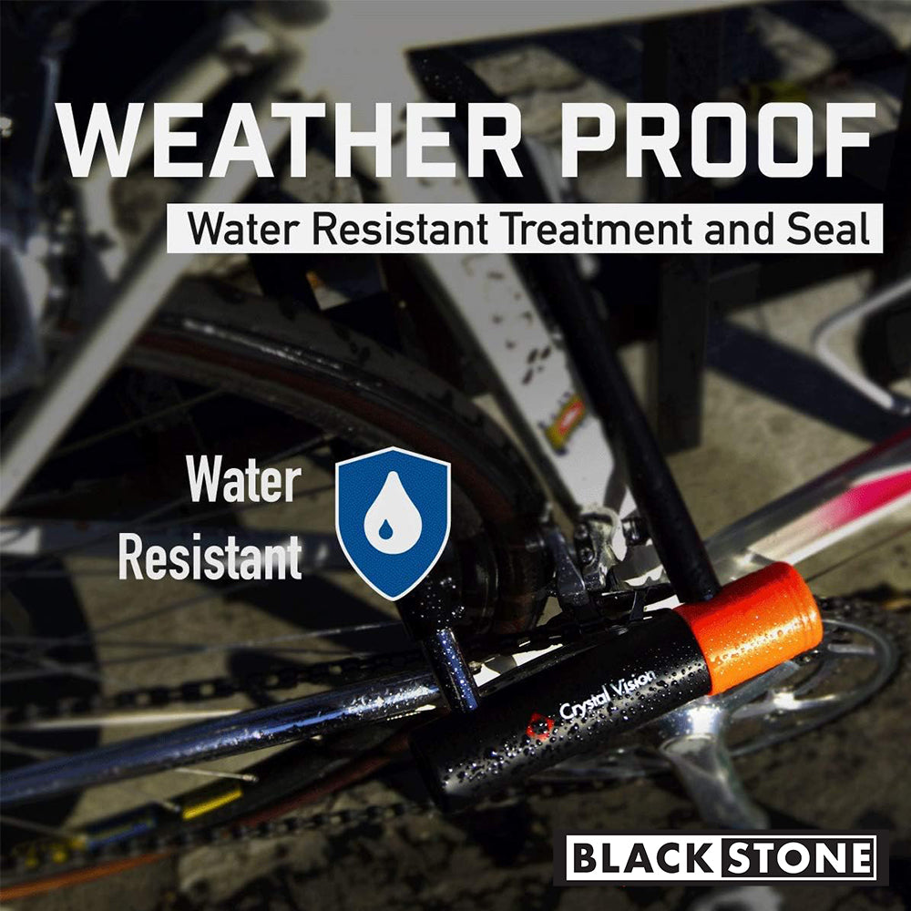 The image depicts a Blackstone alarm lock with a water-resistant seal, showcased as "Weather Proof" on a bicycle, highlighting its durability and suitability for outdoor use