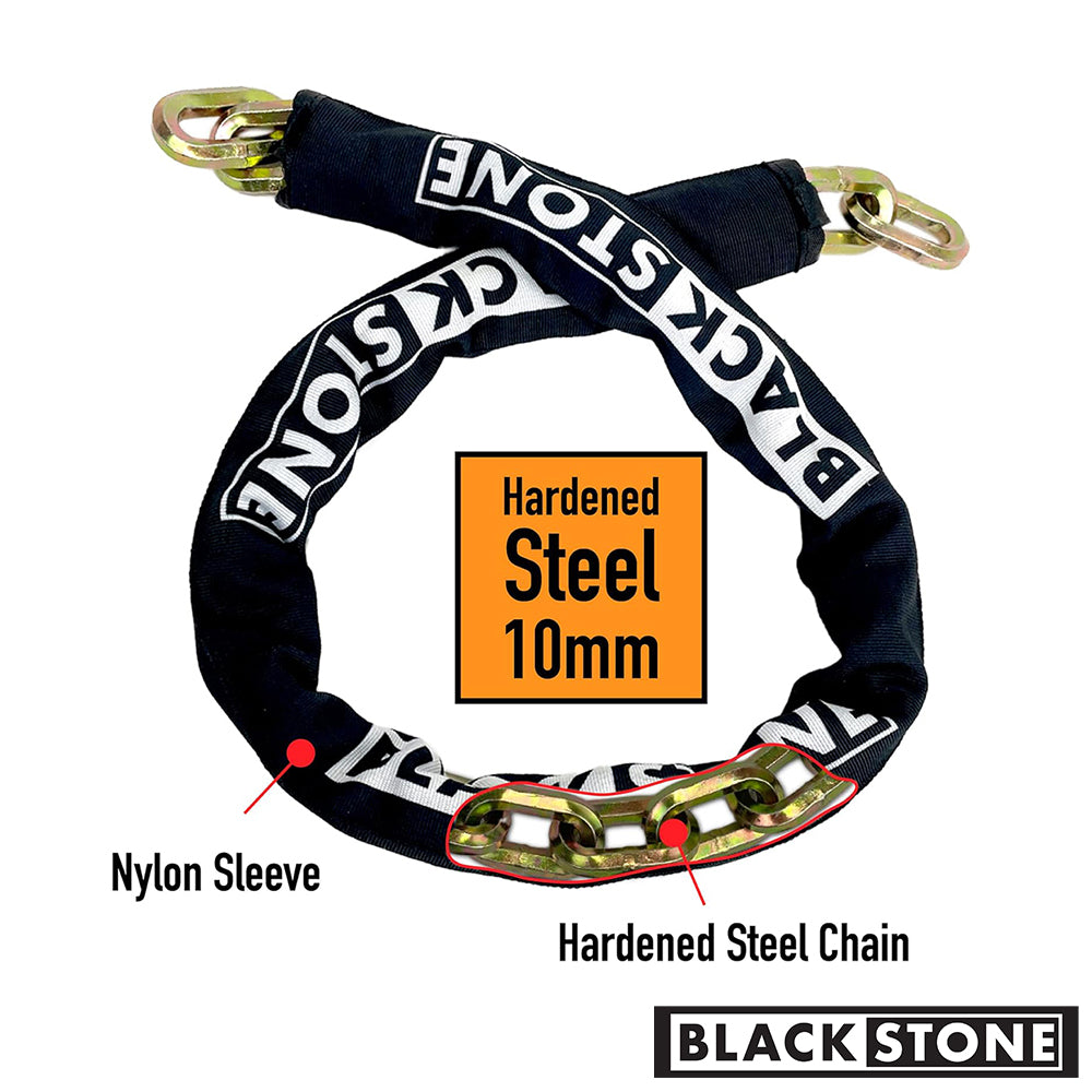 A security chain from Black Stone featuring a 10mm hardened steel chain with a protective black nylon sleeve, detailed with the brand name in contrasting white font. Ideal for securing bikes or property, providing strong theft resistance