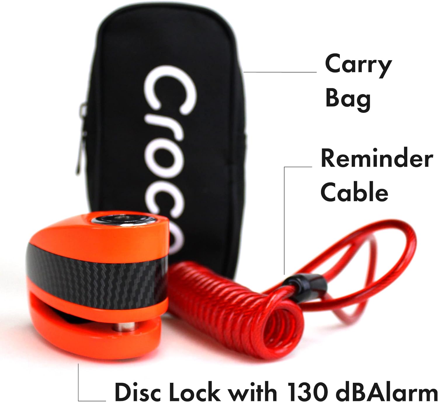 The image features a disc lock alarm system, designed to be a visual theft deterrent as well as a functional security device. The bold red color of the reminder cable stands out, reminding the owner to remove the lock before starting their vehicle. The lock itself appears sturdy, with a carbon fiber texture, and the carrying bag branded with "Croco" indicates a portable and convenient design. The use of bright colors, combined with the functional design, suggests an emphasis on both style and safety