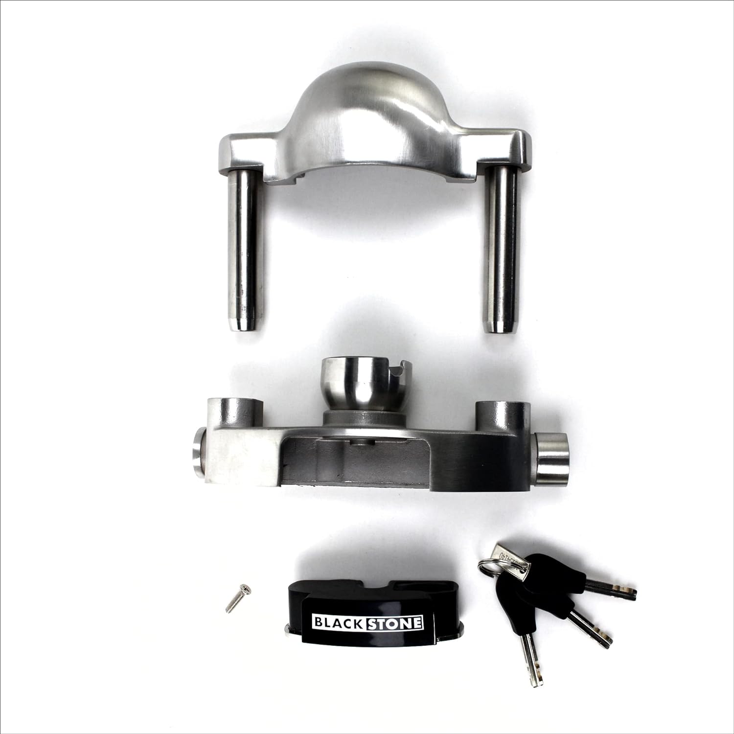 Disassembled view of a Black Stone lock, featuring the top bar, locking base, a cover with the brand name, and keys, all laid out on a white background