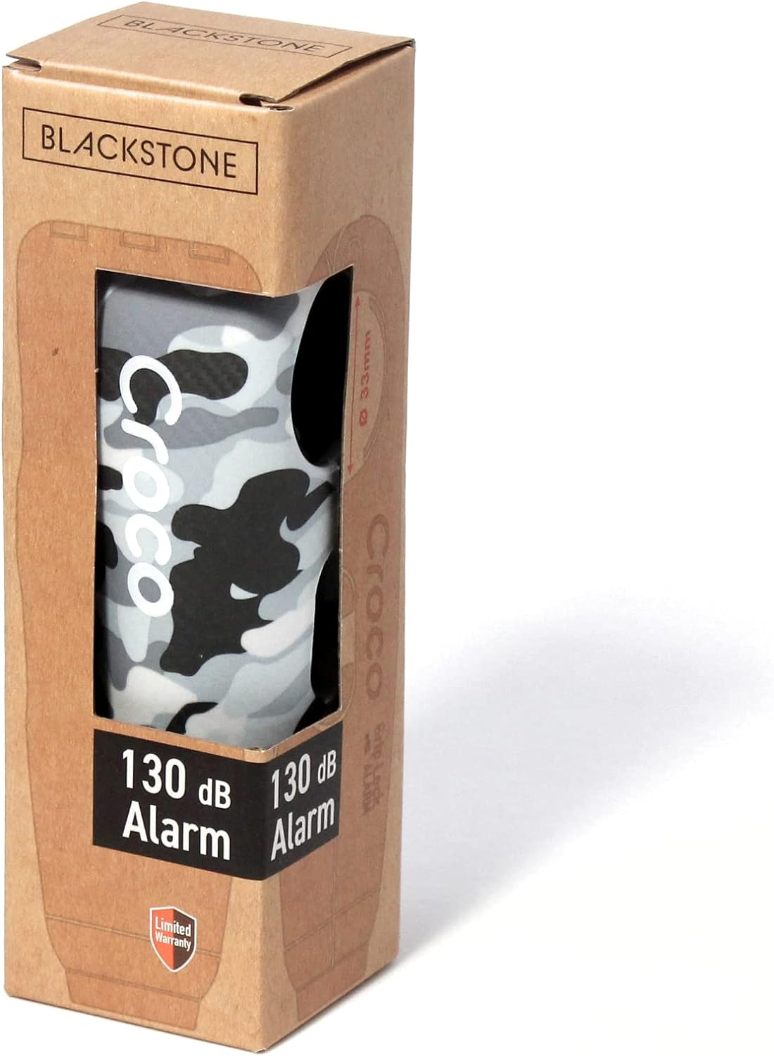 The image displays the packaging for a Croco alarm lock. The box has a natural brown cardboard color with a rectangular cut-out window that allows the black textured surface of the lock to be seen. This implies that the product is designed with visibility in mind, allowing potential buyers to get a glimpse of the actual item inside. The text on the package prominently mentions "130 dB Alarm," emphasizing the lock's security feature. A loud alarm that can act as a deterrent to theft. 