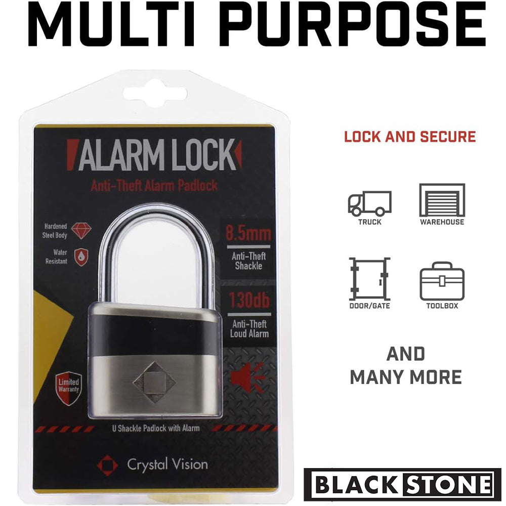 Packaging of a multi-purpose Black Stone anti-theft alarm padlock with an 8.5mm anti-theft shackle, hardened steel body, and 130db loud alarm, indicating water resistance and suitability for securing trucks, warehouses, doors/gates, and toolboxes