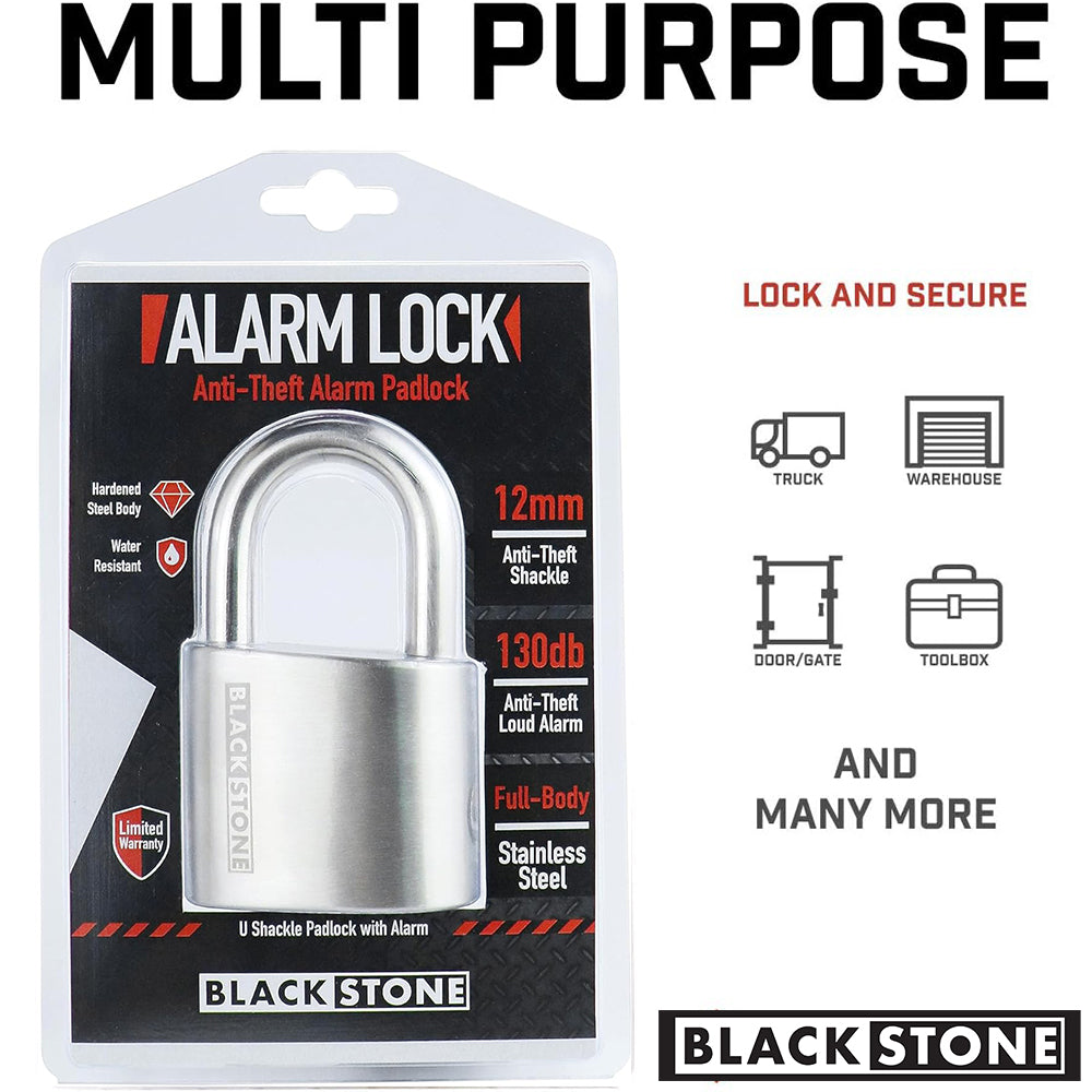 Black Stone multi-purpose anti-theft alarm padlock packaging, highlighting features like a 12mm shackle, 130db alarm, full-body stainless steel, and suitability for trucks, warehouses, doors, gates, and toolboxes