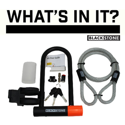 This image is a product display for a Blackstone security set. The contents include a U-lock with a distinctive orange and black color scheme, a silver security cable with a looped design, a set of three keys, and what appears to be a lock mounting bracket for a bike. The layout is straightforward, highlighting each component, and is likely used for product listings or marketing materials to inform customers of what they will receive with their purchase