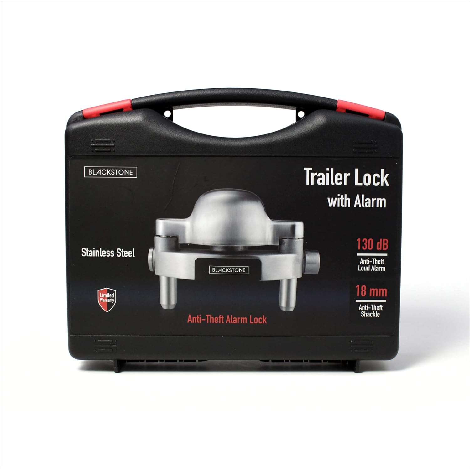 Black Stone Trailer Lock with Alarm product packaging, featuring a stainless steel anti-theft lock displayed on the front with '130 dB' and '18 mm Anti-Theft Shackle' highlighted, against a black carrying case