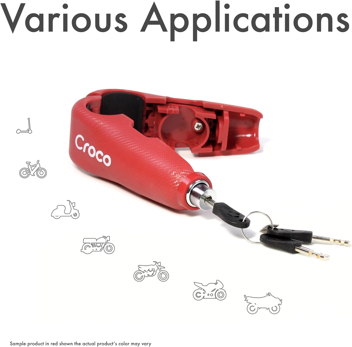 The image showcases a red Croco alarm lock and a set of keys, with a focus on its versatility. The text "Various Applications" and corresponding icons suggest the lock can be used for different vehicles and equipment such as bicycles, scooters, motorcycles, and trailers. There's a disclaimer noting that the sample product is red but actual product color may vary, indicating the lock could come in different colors. The presentation is straightforward, with a white background to emphasize the product