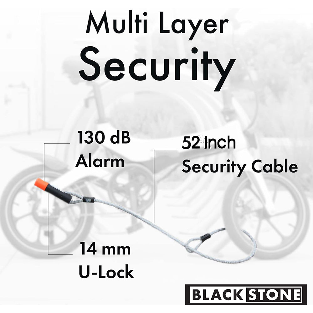 The image displays a Blackstone security product that emphasizes multi-layer security. It features a 14 mm U-Lock paired with a 52-inch security cable and is equipped with a 130 dB alarm system. The visual is likely designed to highlight the strength and versatility of the security system, suggesting it can secure a bike with multiple locking options and an alarm for added protection. The background shows a blurred image of a bicycle, which aligns with the product's intended use