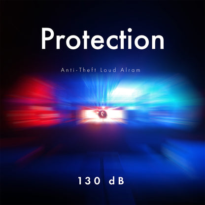 Dynamic image showcasing 'Loud Alarm - Anti-Theft Loud Alarm' with a visual representation of sound intensity using blue and red light bursts, emphasizing the 130 dB volume level