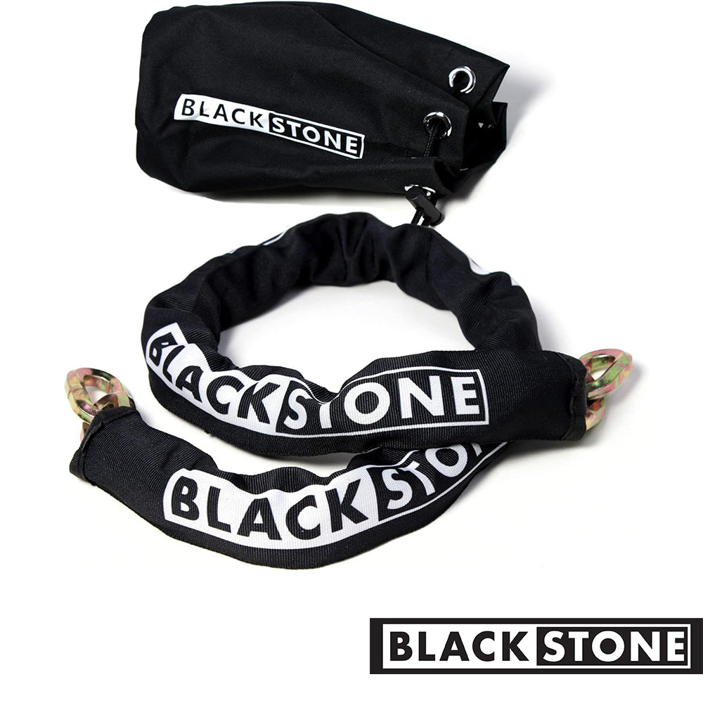 A coiled high-security Black Stone chain lock covered with a black sleeve featuring the brand's white logo, accompanied by a matching black storage pouch, on a white background
