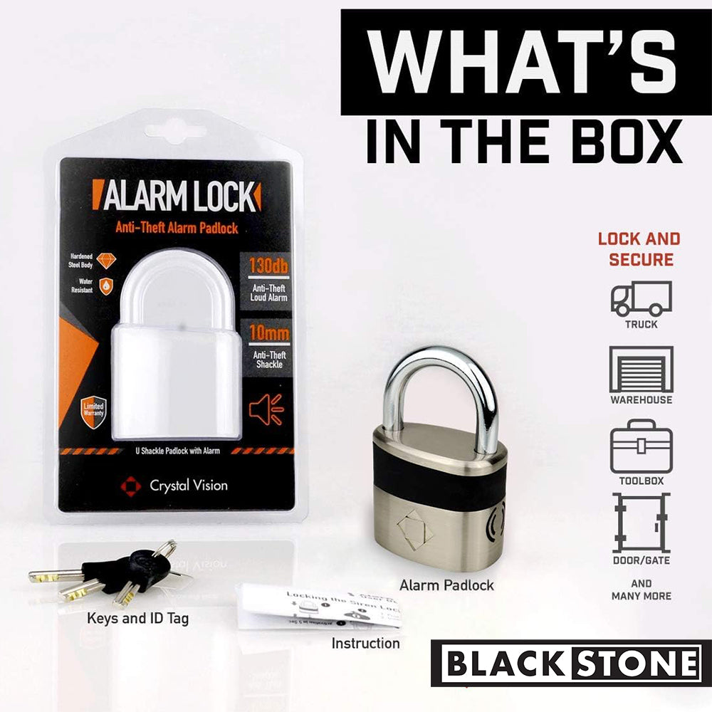 ALT tag: "Product package content display for Black Stone Alarm Lock featuring the anti-theft alarm padlock with a 8.5 mm shackle, keys and ID tag, and instruction manual, highlighting its suitability for locking trucks, warehouses, toolboxes, doors/gates, and many more, with the 'Black Stone' logo at the bottom right