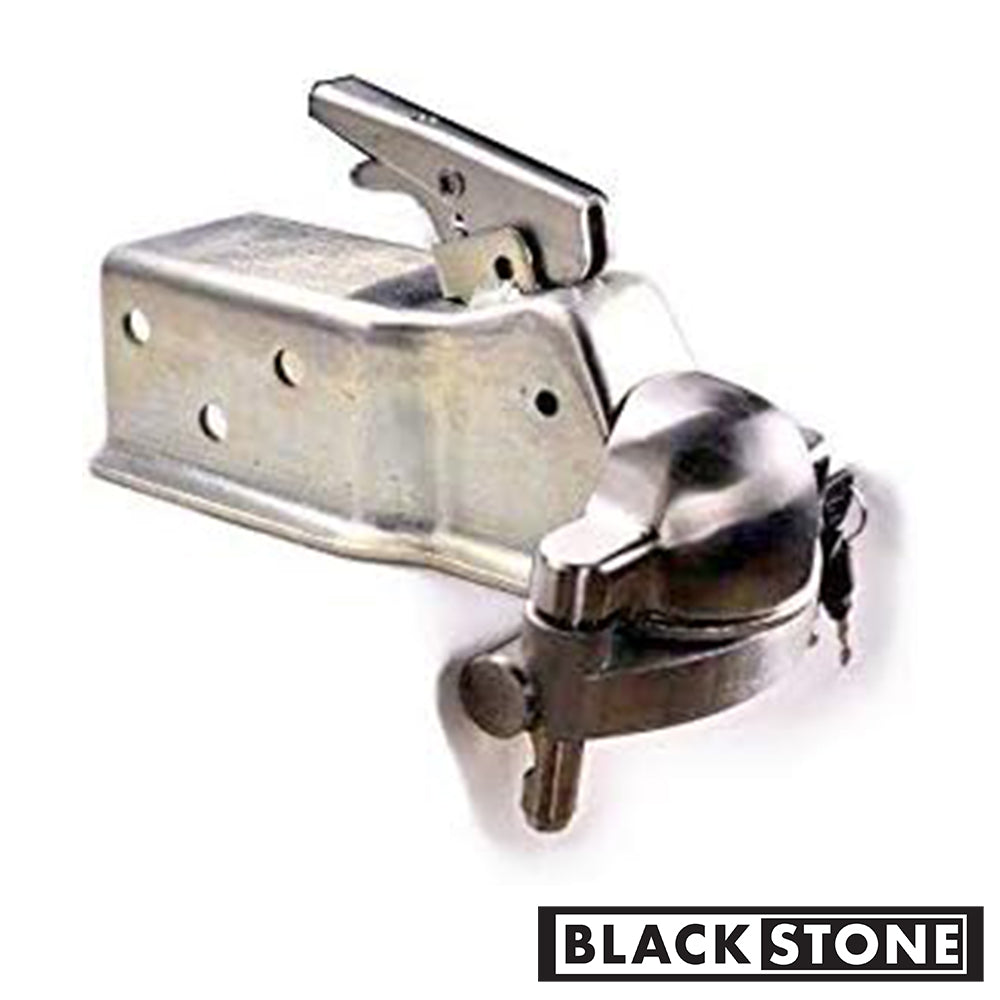 ALT tag: "An image of a trailer coupler lock from Black Stone, with a focus on the robust metallic construction. The hitch lock is designed to secure a trailer, featuring a sturdy latch and a solid, rounded lock body with the brand name clearly visible