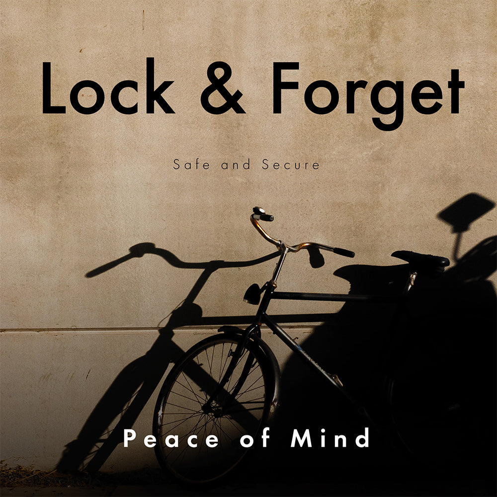 The image showcases a shadow of a bicycle against a wall, creating a serene and minimalist visual. The text "Lock & Forget" suggests the reliability and security of the lock, offering users peace of mind when leaving their bicycle unattended
