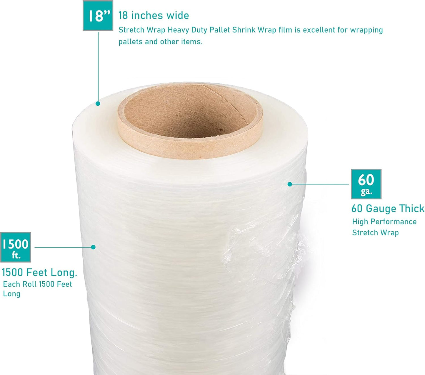 Stretch Film/Wrap 60 Gauge 1500ft Industrial Strength 18 inch Wide 400% Stretch Heavy Duty Shrink Film Roll (6 Rolls)