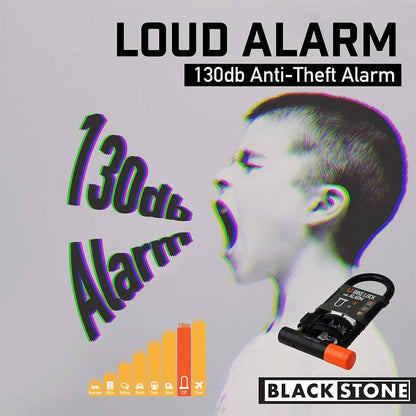 Advertisement graphic for Black Stone featuring a loud 130db Anti-Theft Alarm. A young boy is yelling with '130db Alarm' text mirrored beside him. Below are orange bar graphics representing noise levels across different environments, indicating the alarm's loudness