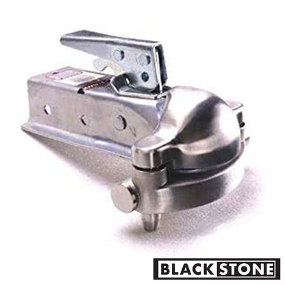 Image of a Black Stone brand trailer coupler lock featuring a shiny metallic body with a flip-up latch mechanism. The lock is designed to secure trailer couplings, with a focus on the contoured lock body and the lever for a hitch pin