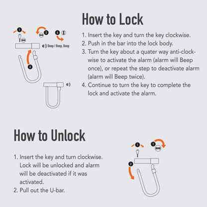 The image provides instructions for locking and unlocking a U-bar bike lock with an alarm feature. To lock, you insert the key and turn it clockwise, push the bar into the lock body, and then turn the key anti-clockwise to activate the alarm, indicated by a beep. To unlock, insert the key and turn it clockwise, which unlocks the lock and deactivates the alarm if it was activated, then pull out the U-bar. The alarm feature provides added security, alerting in case of tampering
