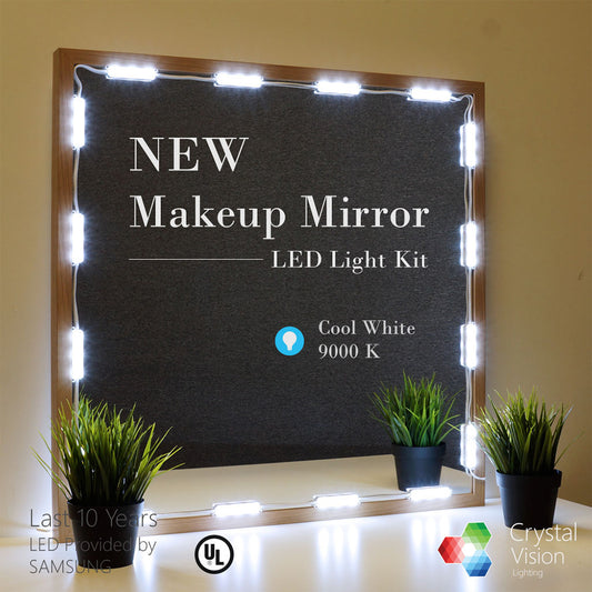 The image showcases Crystal Vision Lighting's new LED light kit for makeup mirrors, emitting a cool white 9000 K light with LEDs provided by SAMSUNG, and emphasizes a long-lasting 10-year lifespan. Safety certified and designed for a stylish vanity.