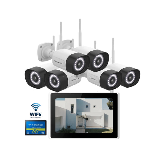 10-Channel WiFi6 NVR w/10.1-Inch Monitor, 1TB 3D NAND flash drive & 3MP Floodlight Cameras + Range Extender (6 Cameras)