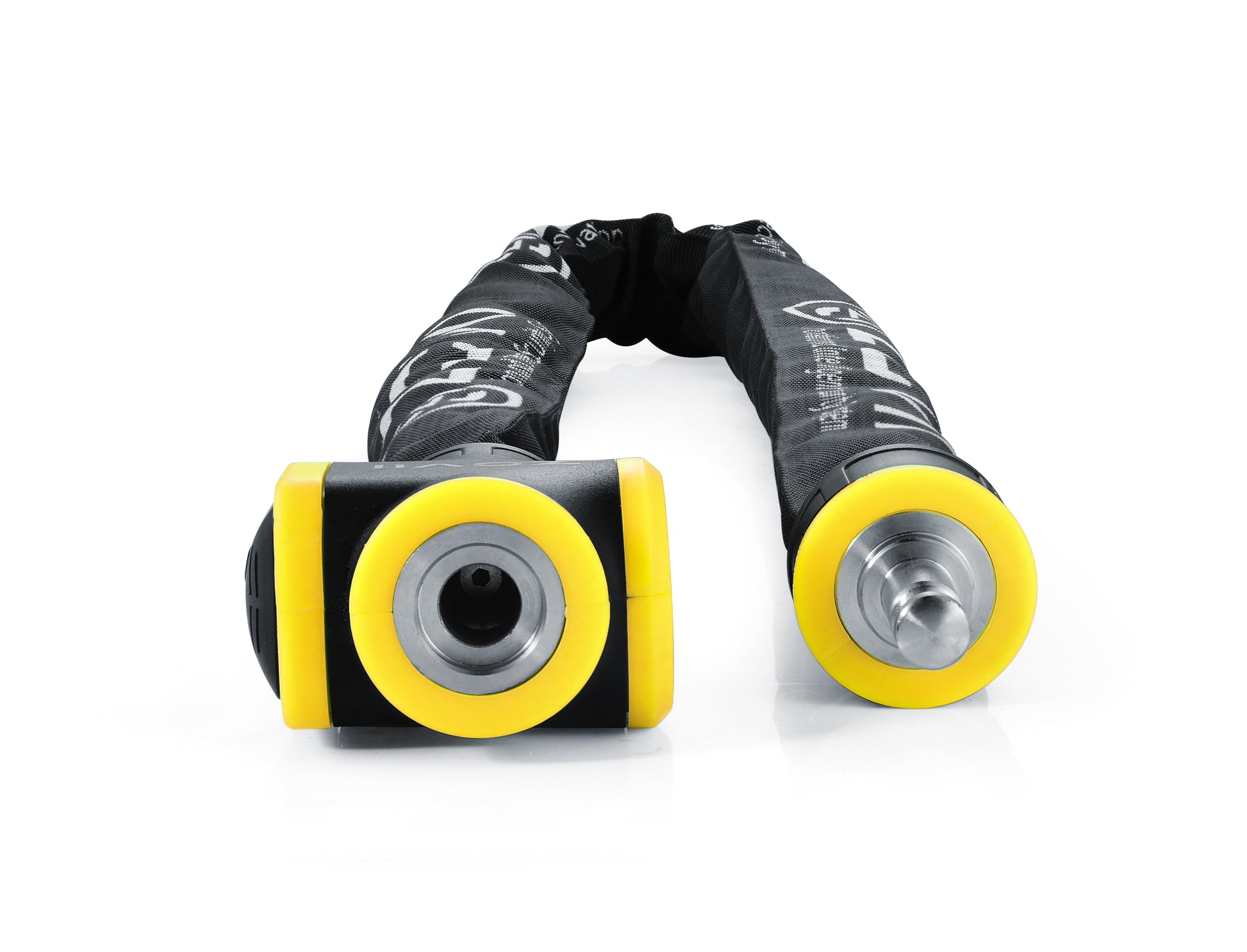 The image showcases a Blackstone alarm chain lock laid out against a white background. The lock has a striking yellow and black color scheme which is visually appealing and would stand out when in use, potentially adding to the deterrent effect. The fabric sleeve covering the chain is branded with the Blackstone logo, and the lock unit itself appears robust, designed to be a strong theft deterrent