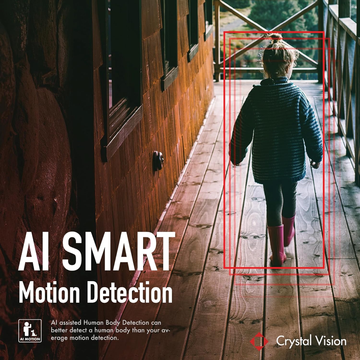 A child walking in a corridor with AI smart motion detection outlining them in red boxes by crystal Vision 3mp camera, for an advertisement by Crystal Vision