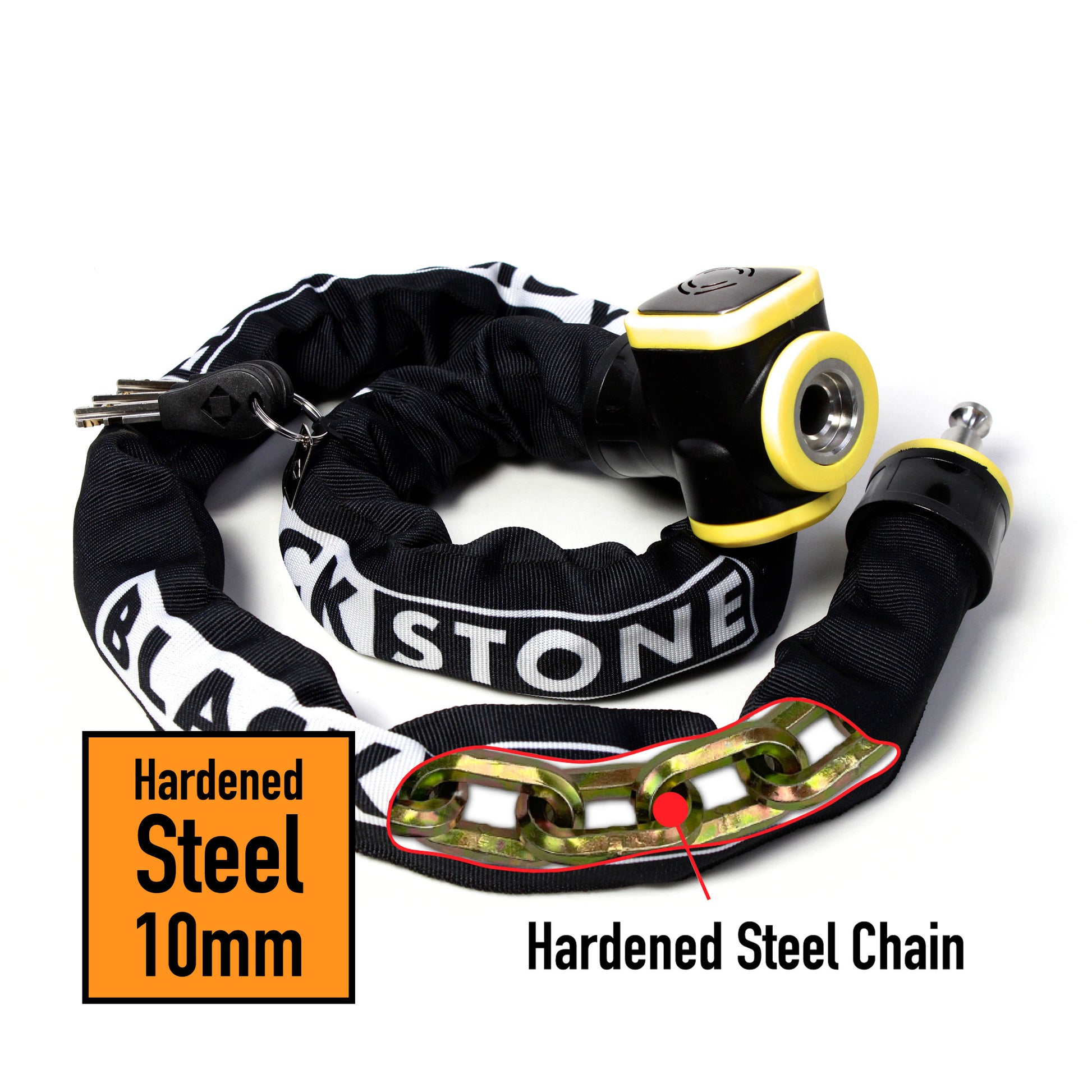 The image features a Blackstone branded alarm chain lock. It highlights the key aspects of the product such as the hardened steel chain, which is 10mm in thickness, ensuring strong resistance against cutting or breaking attempts. The chain is encased in a fabric sleeve with the Blackstone logo printed on it, which helps protect surfaces from scratches. The locking mechanism has a prominent alarm system, designed to deter theft by sounding a loud noise. 
