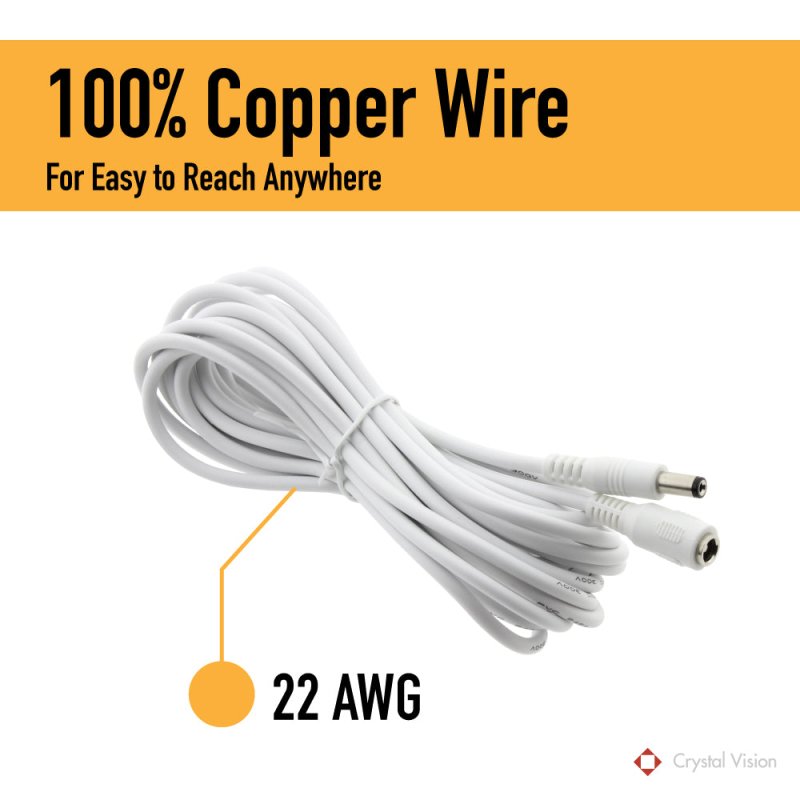 Crystal Vision 4.5m/15ft White 5.5mm x 2.1mm DC Plug Extension Cable for Power Adapter DC Power 12V 5.5mm x 2.1mm Barrel Male Plug Connector (2 Pack) - variant_title - CCTV Cable