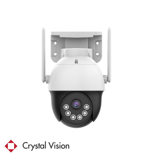 image of a white pantilt security wireless camera featuring a two-way intercom, panic siren, long antenna, 6 LED floodlight for enhanced brightness, visibility, and a black protective cover over the lens with crystal vision logo