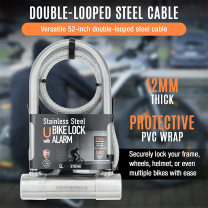 (2024 New Release) BLACKSTONE Stainless Steel U Bike Lock - Secure 130dB Alarm System, 14mm Reinforced Shackle - Ideal for Urban Cyclists & E-Bikes w/Double-Looped Steel Cable