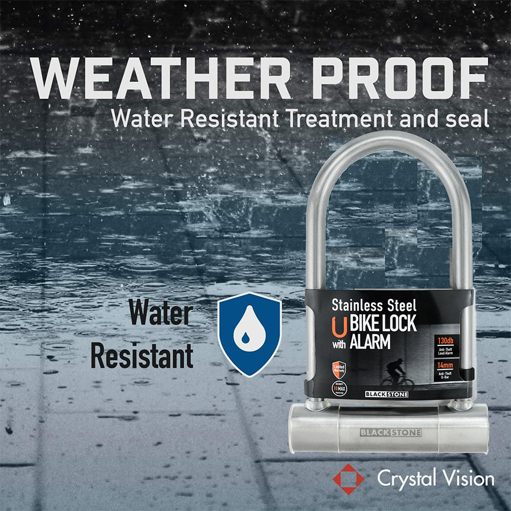 Advert for Black Stone stainless steel U bike lock, featuring water-resistant treatment and seal, displayed with a 'WEATHER PROOF' headline and water droplet icon, with a rainy background