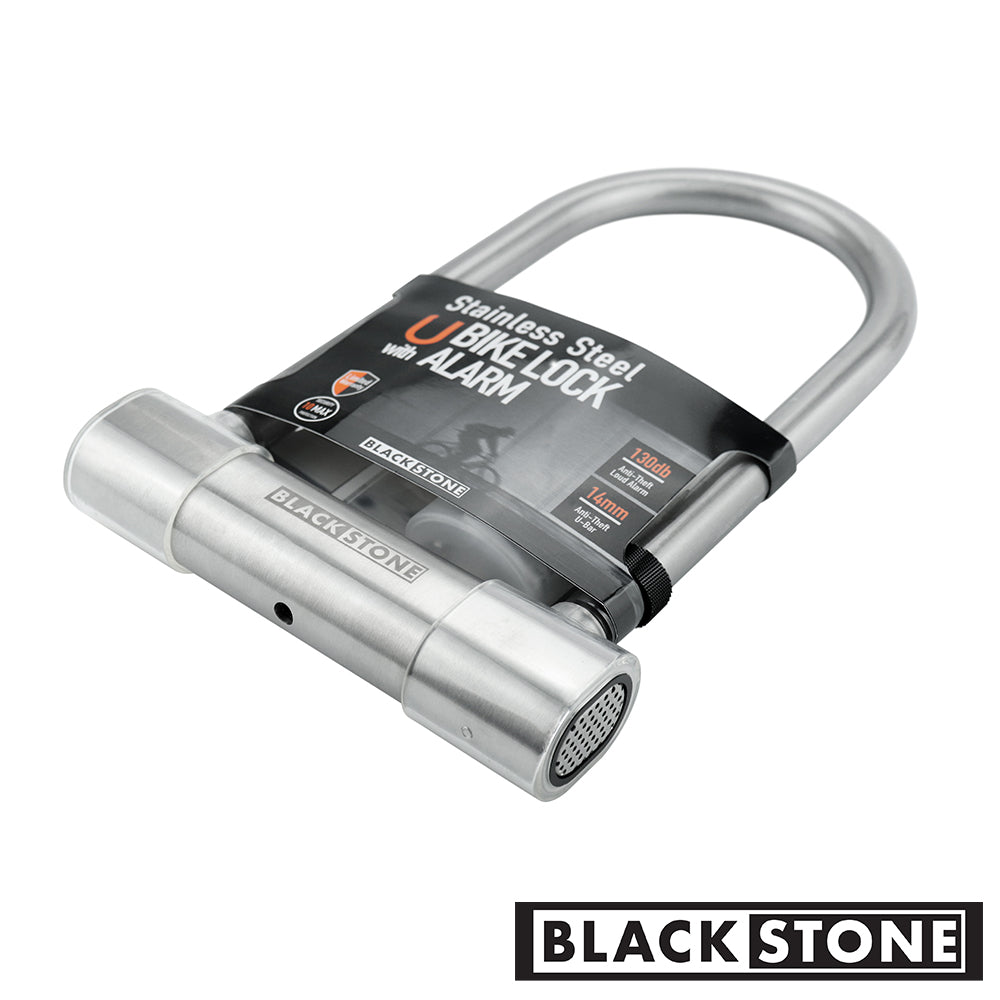 Black Stone stainless steel U bike lock with alarm displayed at an angle, showcasing the speaker for the alarm and the brand logo, set on a white background